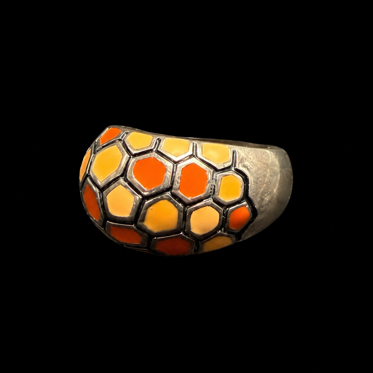 Vintage Thailand 925 Sterling Silver Orange Enamel Honeycomb Dome Ring – Size 8
