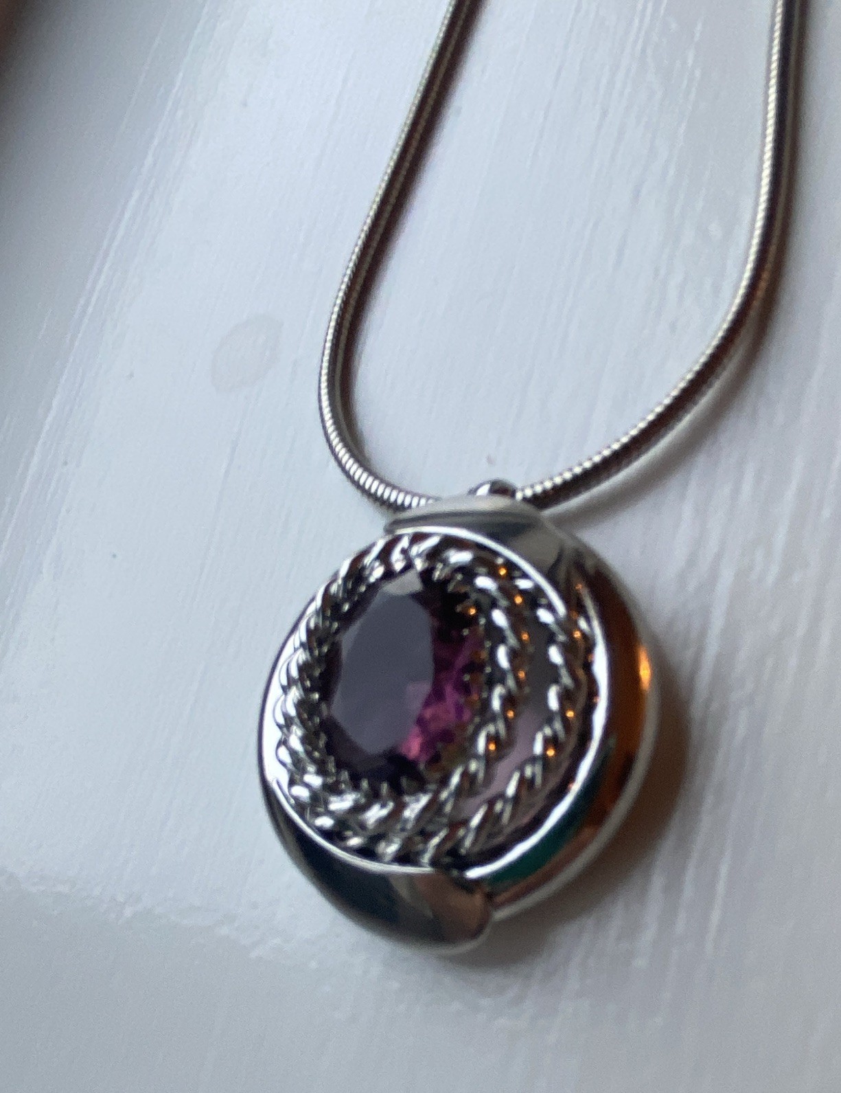 Silver Tone Snake Chain Necklace, Round Charm Pendant, Bezel Purple Oval Stone