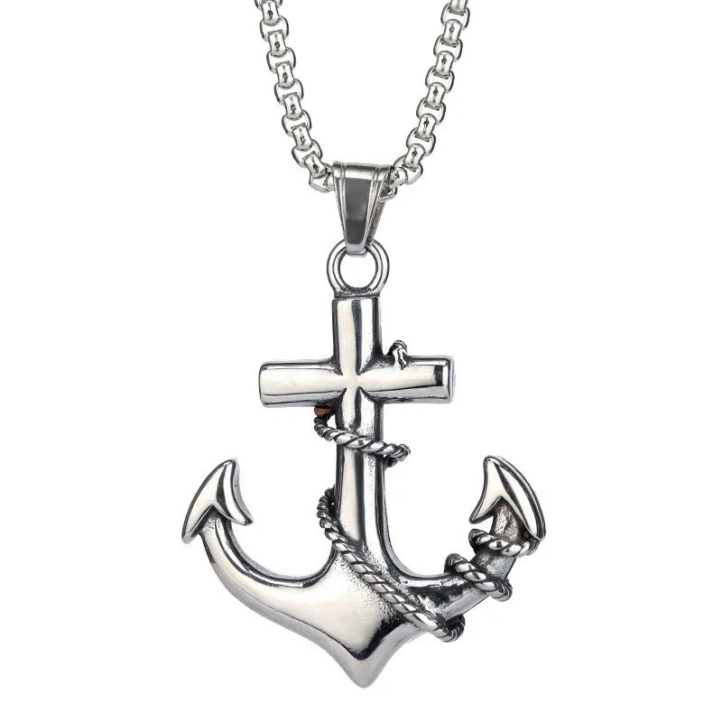 Men’s Titanium Steel Necklace Hip Hop Punk Trendy Anchor Pendant Stainless Steel