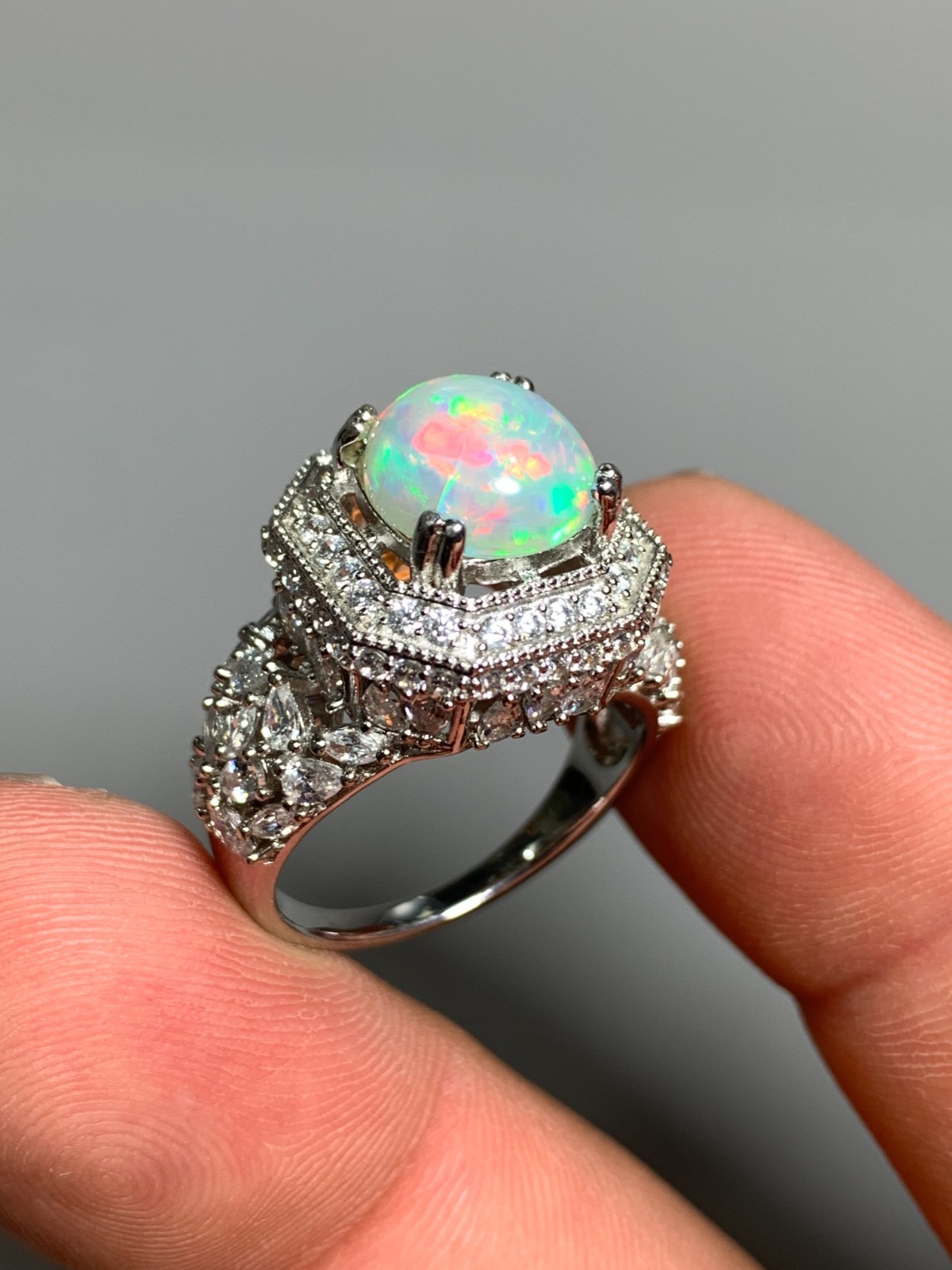 Natural 3.00 Ct Full Fire Ethiopian White Opal Designer 925 Silver Ring