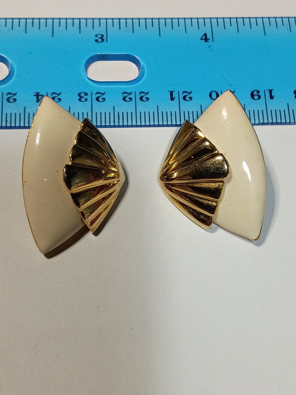 White/Gold Tone Enamel Fan Shell Stud Earrings, Butterfly Back, Asymmetrical