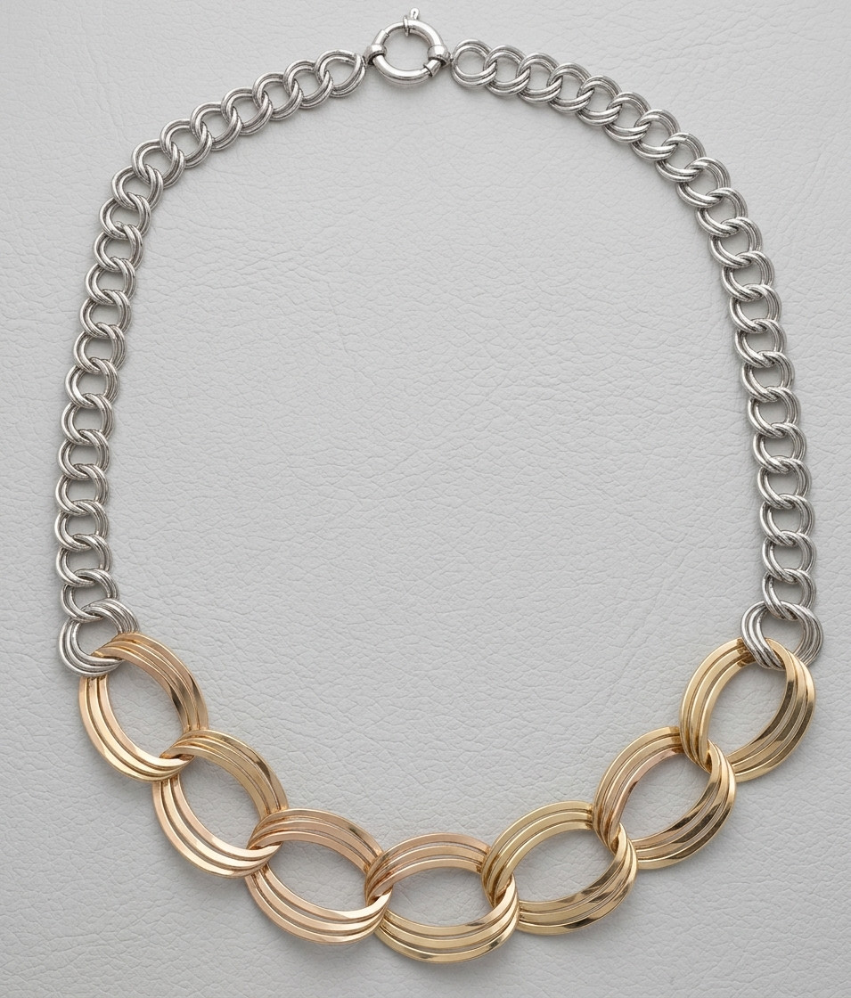 Graduated Triple Double Curb Chain Necklace 14K Two-Tone Gold Plated 925 Silver