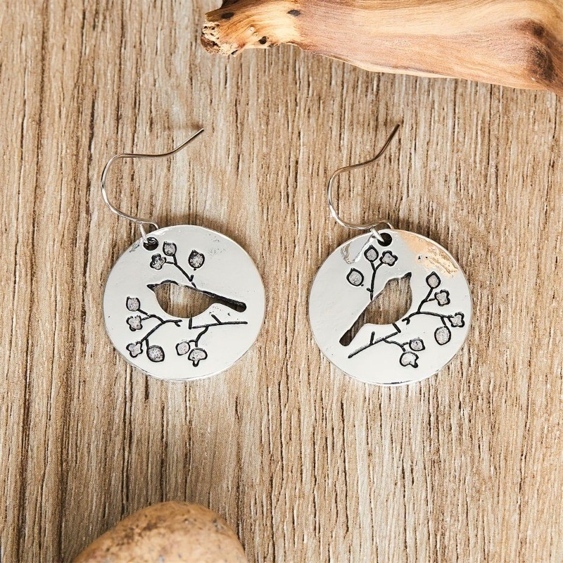 Retro Women’s Round Flower Bird Pendant Earrings Fashion Jewelry Earrings Alloy