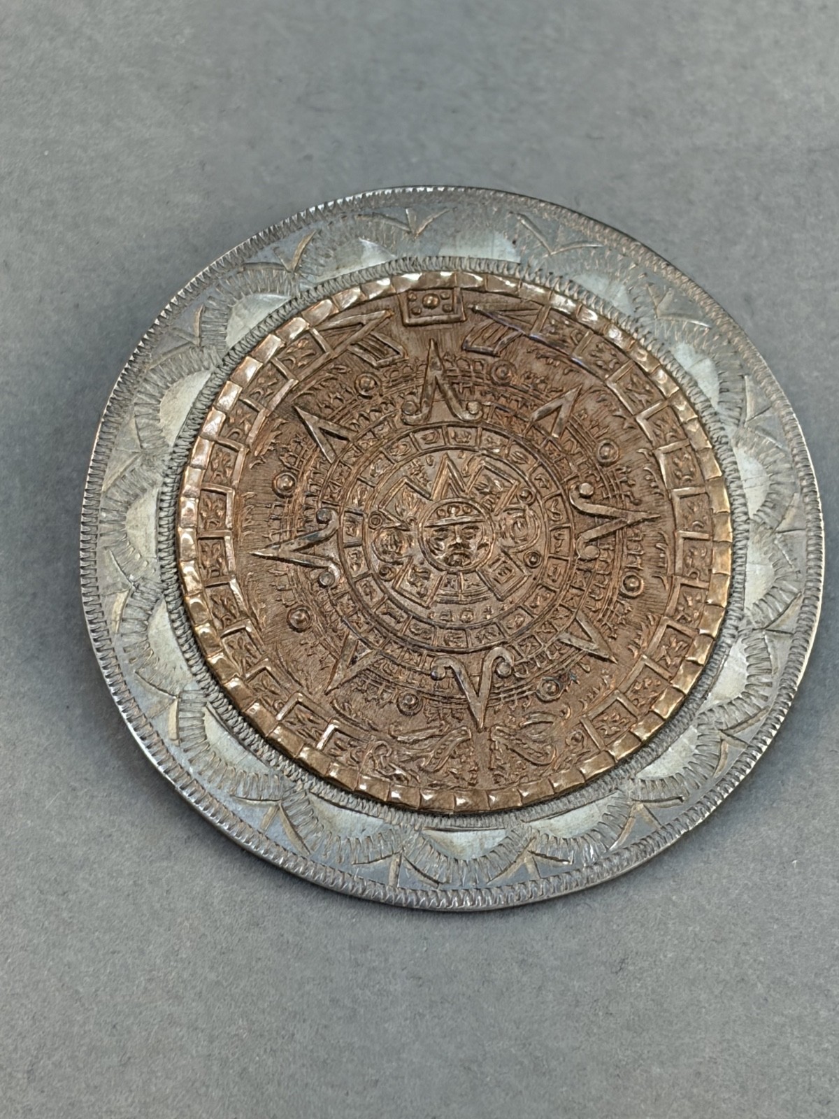 Vintage Aztec Calendar Medallion Brooch Pendant Sterling Silver Copper Mexico