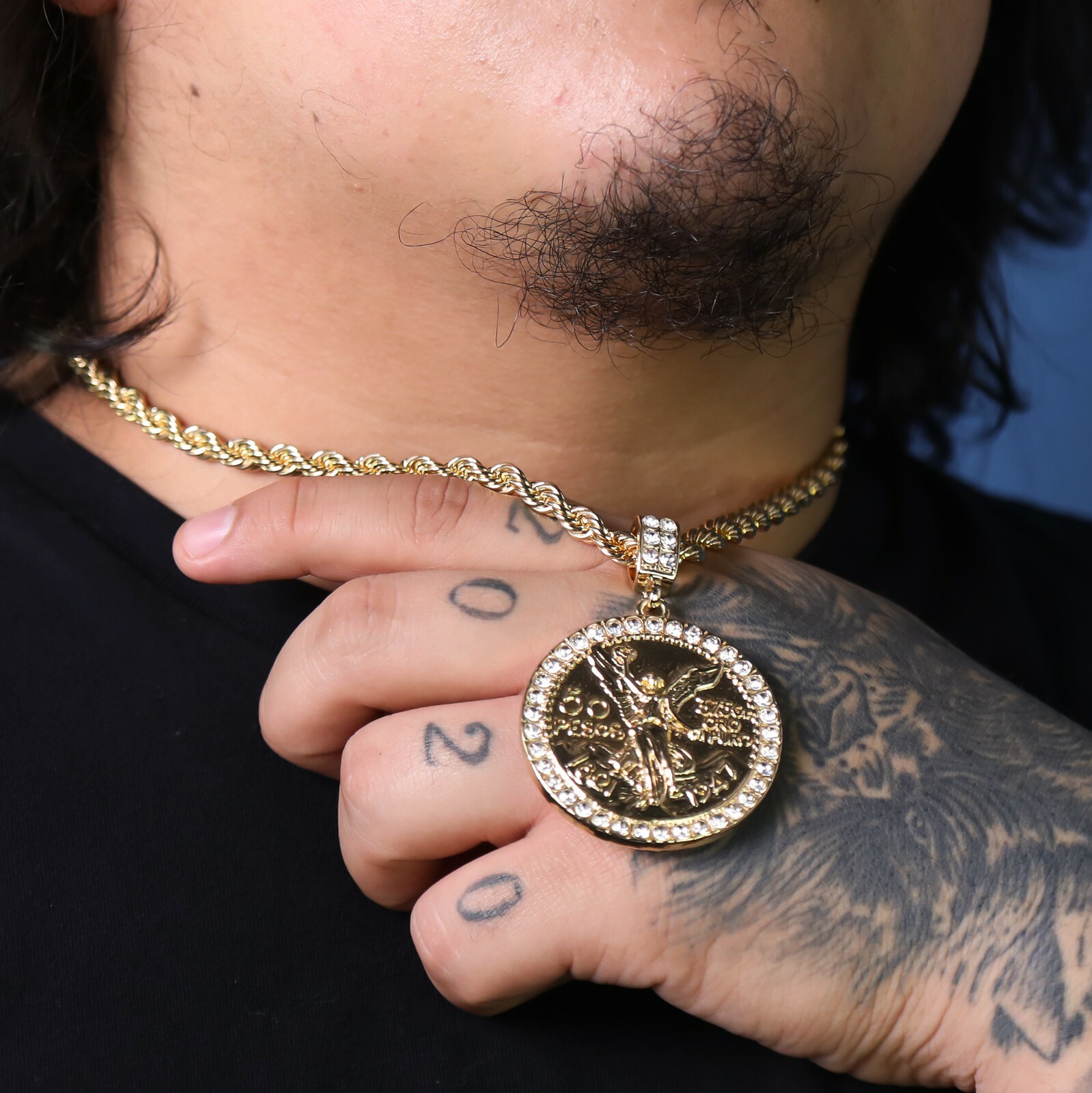 Centenario 50 Pesos Pendant Iced Cubic-Zirconia Rope Chain 14k Gold Plated