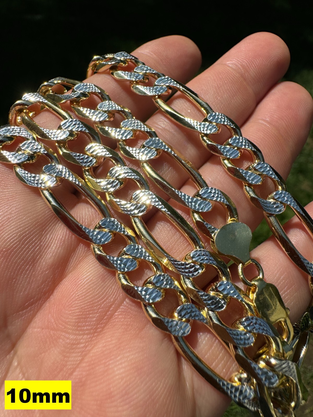 14k Gold Plated Solid 925 Sterling Silver Figaro Link Chain Two Tone Diamond Cut