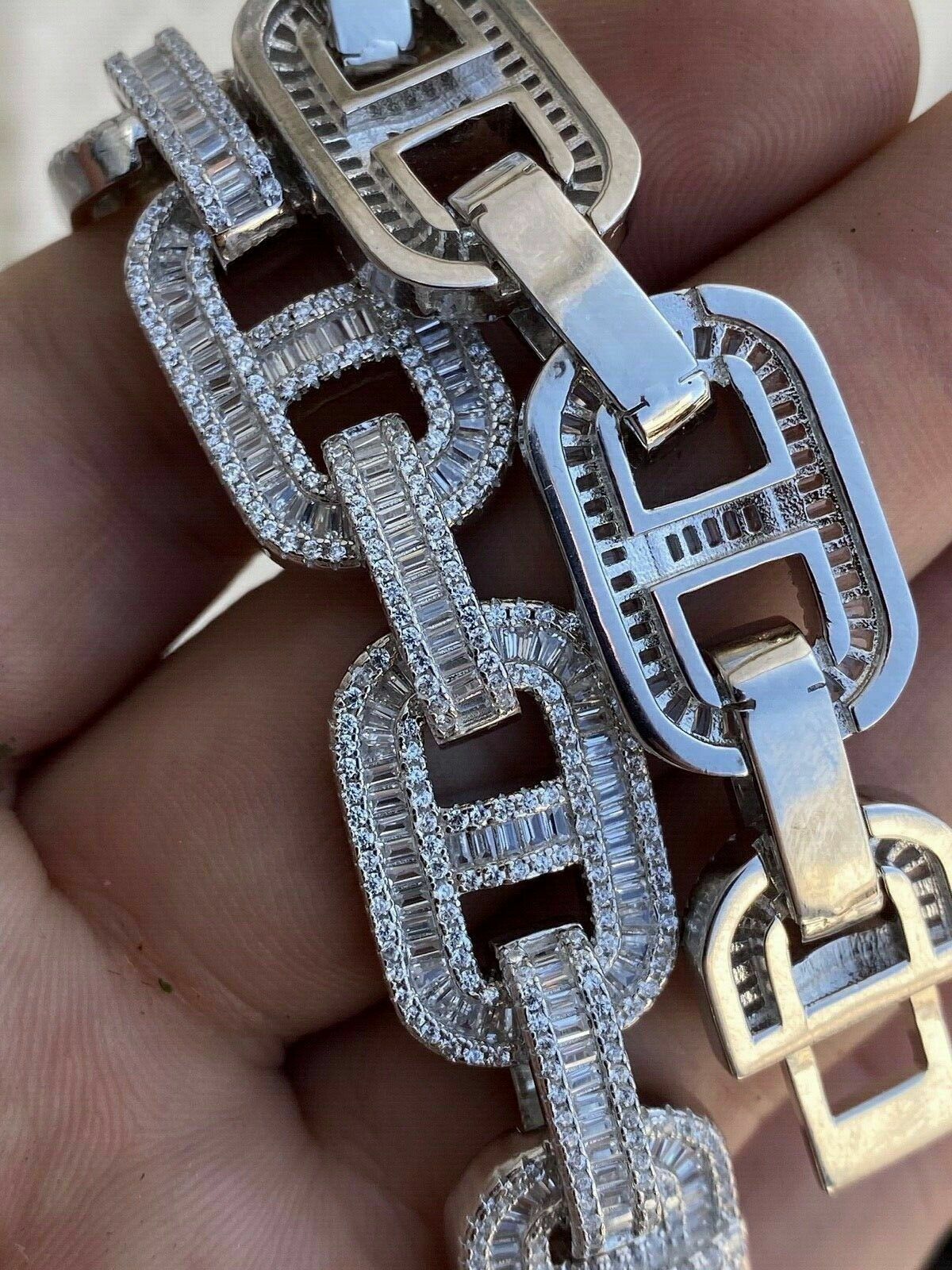 Solid 925 Sterling Silver Baguette Gucci Link Chain Iced 15mm Thick Bust Down CZ