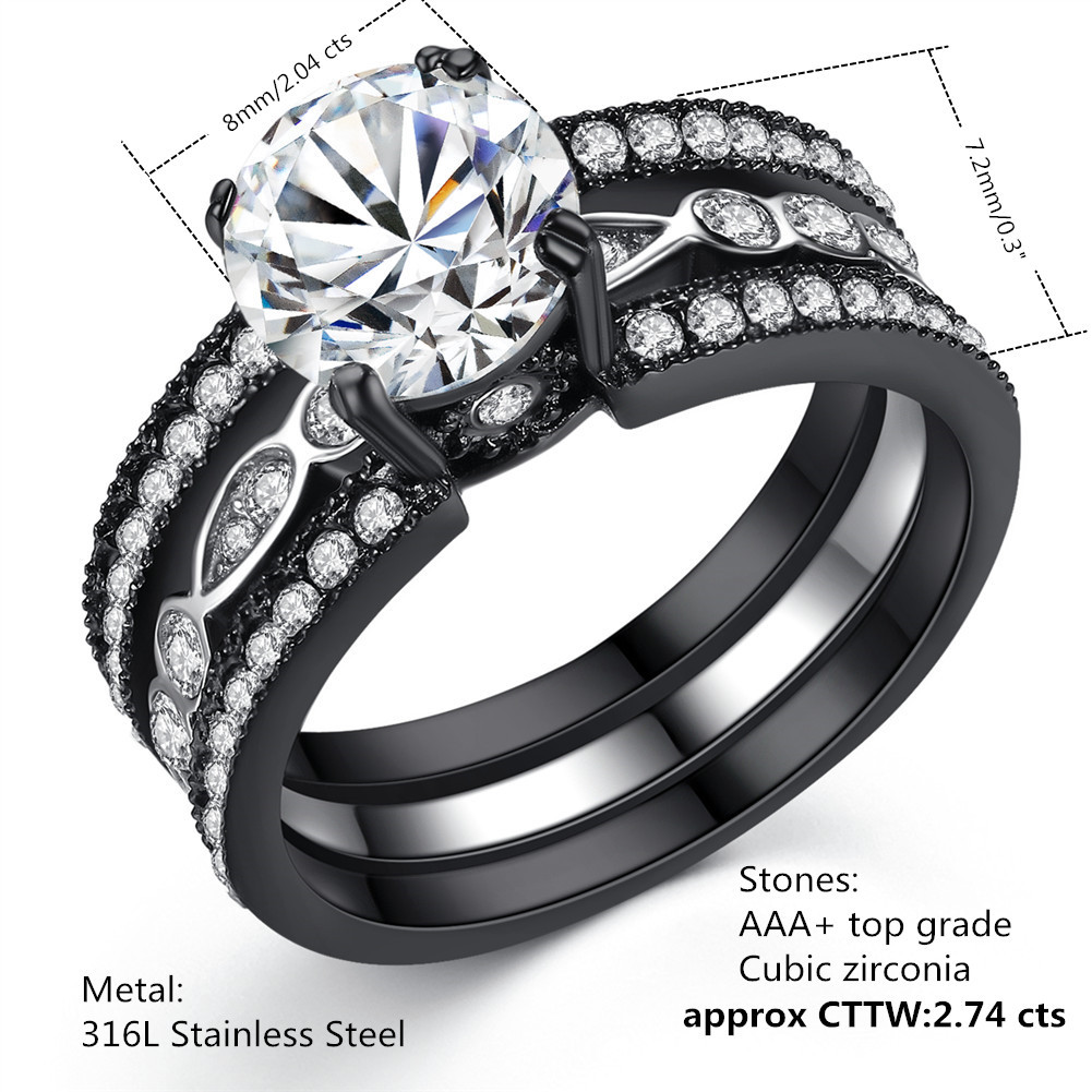 His Titanium Hers Black Stainless Steel Bridal Wedding Engagement Ring Band Set