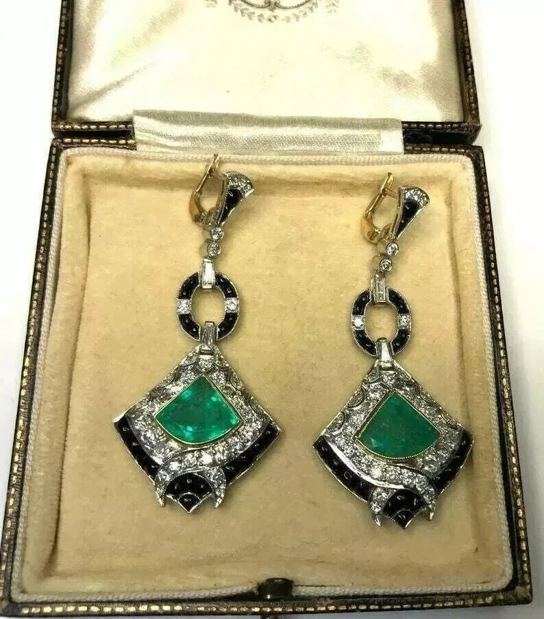 Art Deco Style Lab Created Emerald Diamond Engagement 14k White Gold FN Earrings