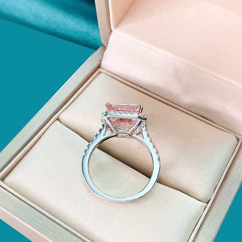 14K White Gold Wedding Ring Lab Created Pink Sapphire Diamond 4.40 Carat Radiant