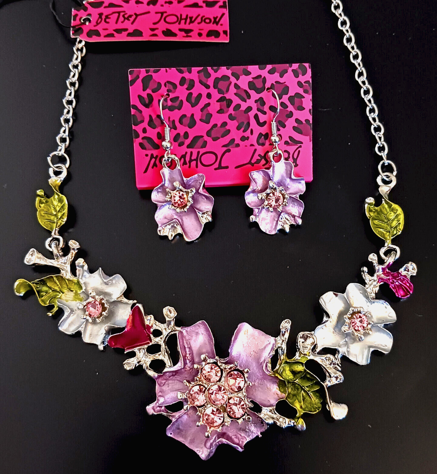 Bouquet Pink FLOWER GARDEN Floral Rhinestone Betsey Johnson Necklace Earring Set