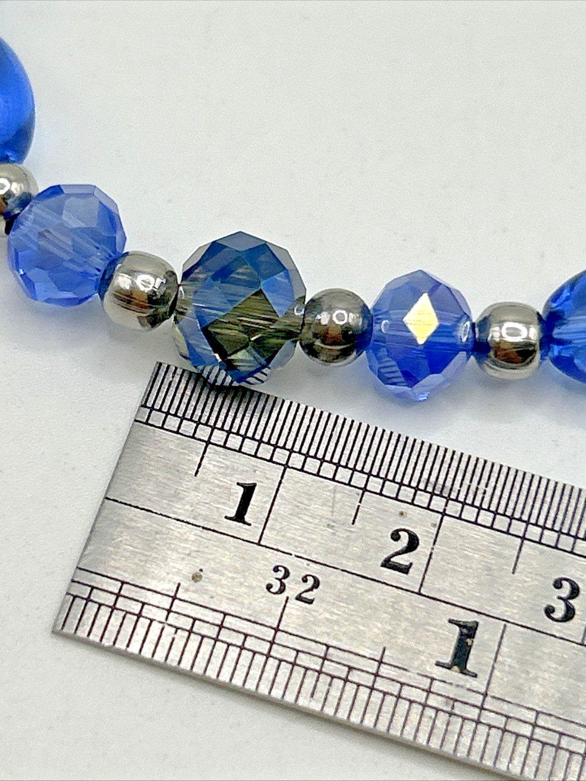 7.5″ Blue Glass & Stainless Steel Beaded Stretch Bracelet- Trendy & Stackable