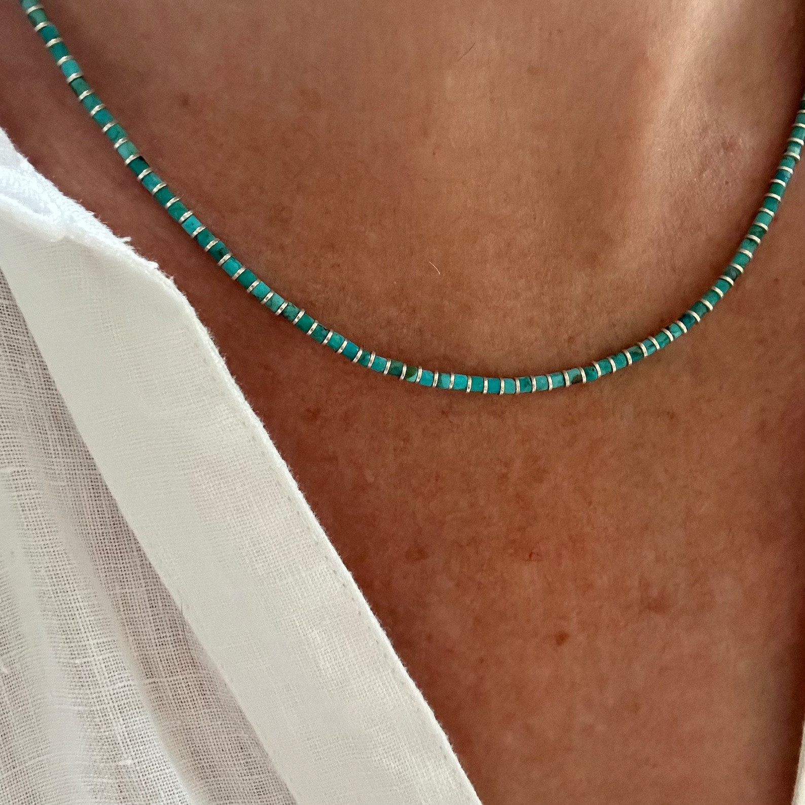 2mm Blue Turquoise Heishi Necklace & Silver Beads, Dainty Modern Contemporary