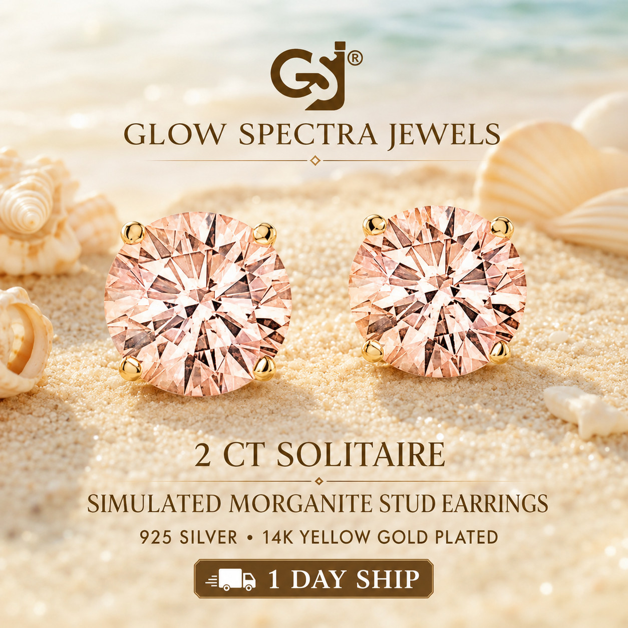 2CT Solitaire Peach Morganite Stone Stud Erring 925 Silver 14k YellowGold Plated