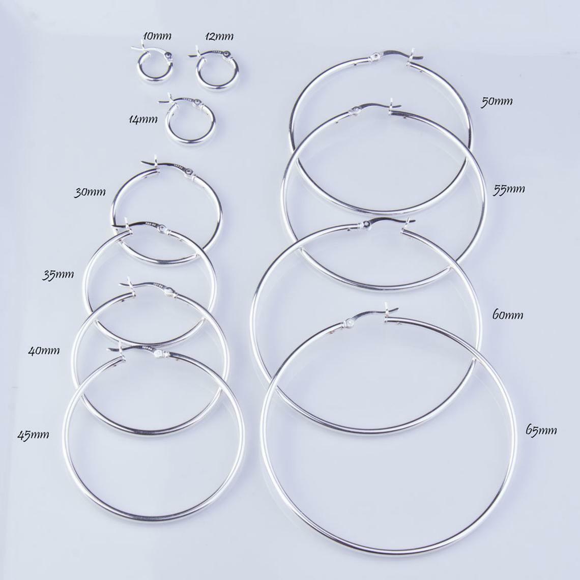 .925 Sterling Silver High Polished 2MM Hoop Earrings – 10MM-70MM