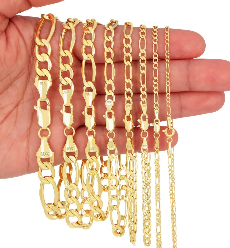 10K Yellow Gold Hollow Figaro Bracelet Real Gold Chain Unisex Jewelry 2mm-6.5mm