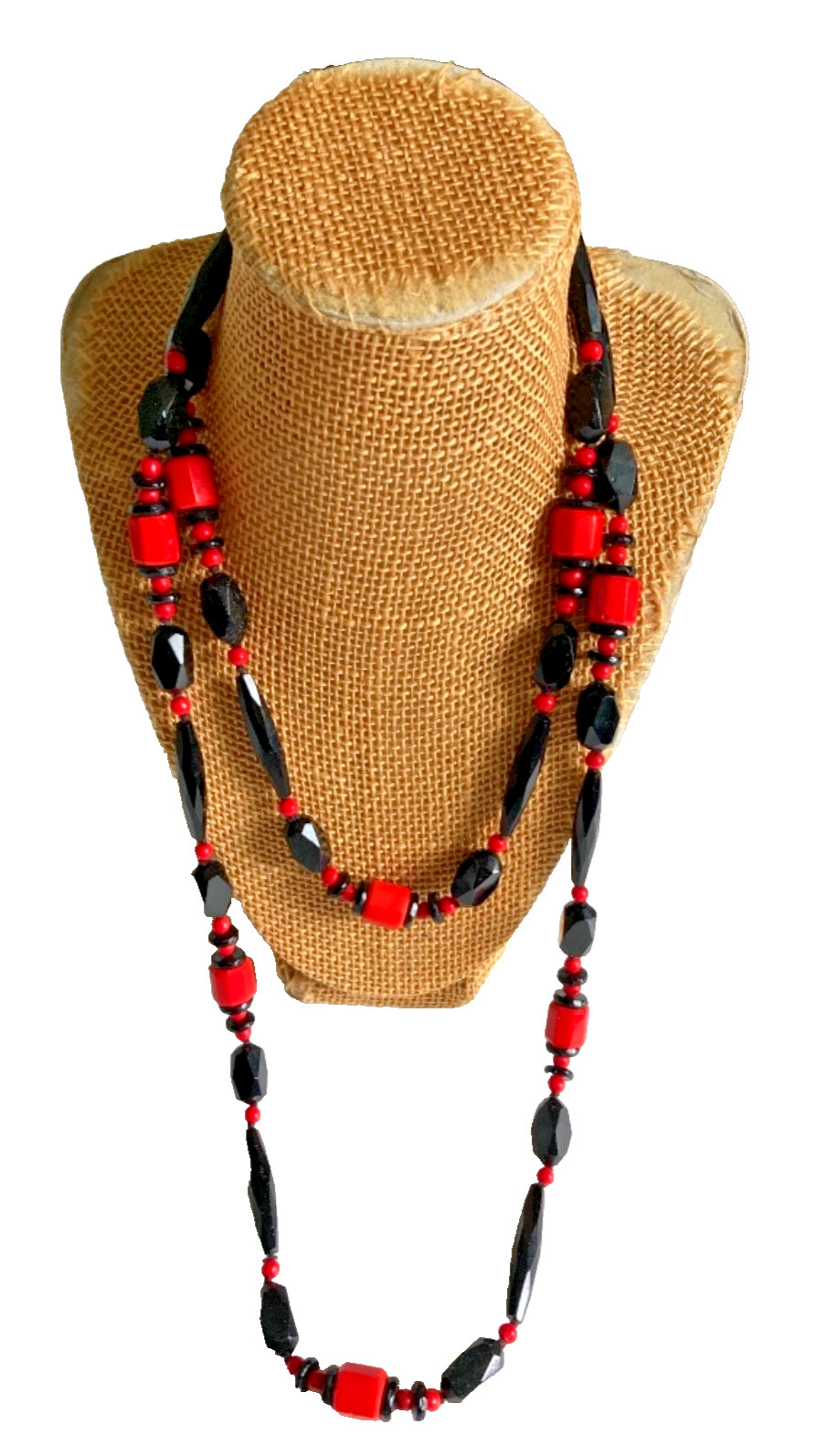 Antique ART DECO Faceted Czech Glass Necklace 50″ Long Red /Black FLAPPER