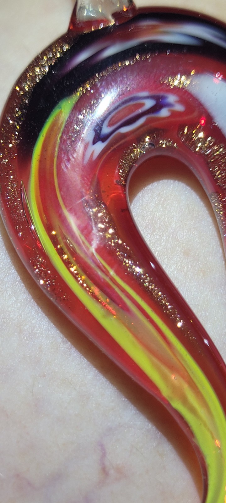 Hand Blown Glass Teardrop Pendant Red Swirl w/ Gold Glitter Accents