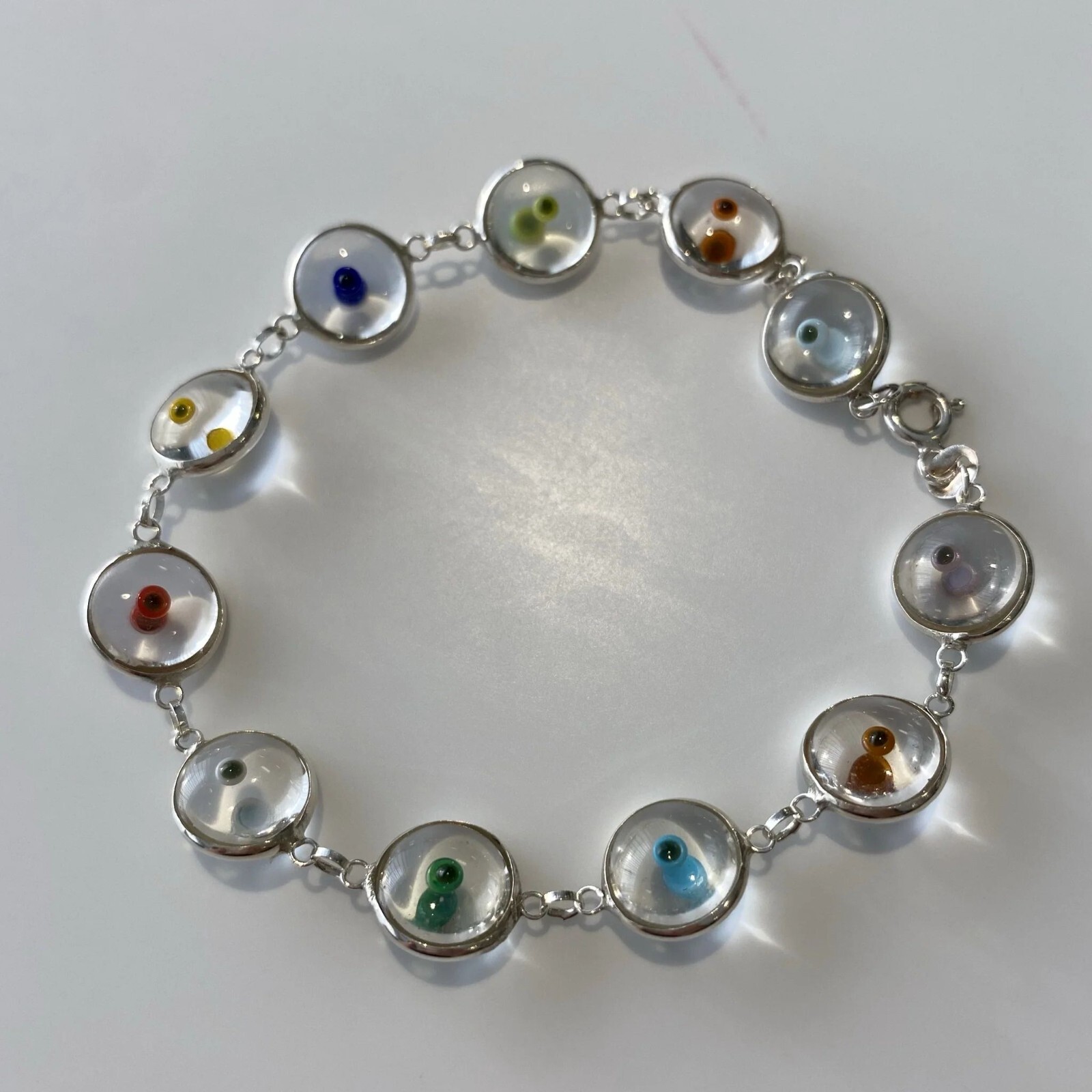 925 Sterling Silver 10MM White Clear Multi Color Crystal Evil Eye Bracelet- 7.5″