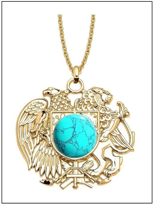 ARMENIA COAT OF ARMS w/ TURQUOISE Necklace – 1 1/2″ Gold Steel – Double Eagle