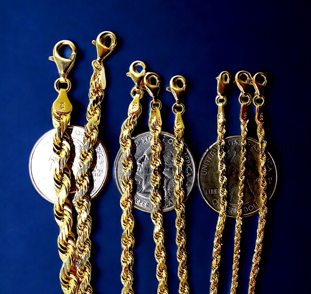 14K Yellow Gold Rope Chain Necklace Diamond Cut Real Gold 1mm-10mm 16″-30″