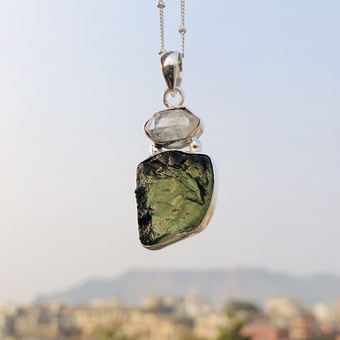 Certified Czech Republic Moldavite Herkimer Pendant 925 Sterling Silver Jewelry