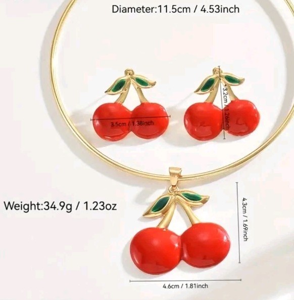 Bright Red Cherry Neck-bracelet & Matching Earrings, Goldtone.FREE SHIPPING