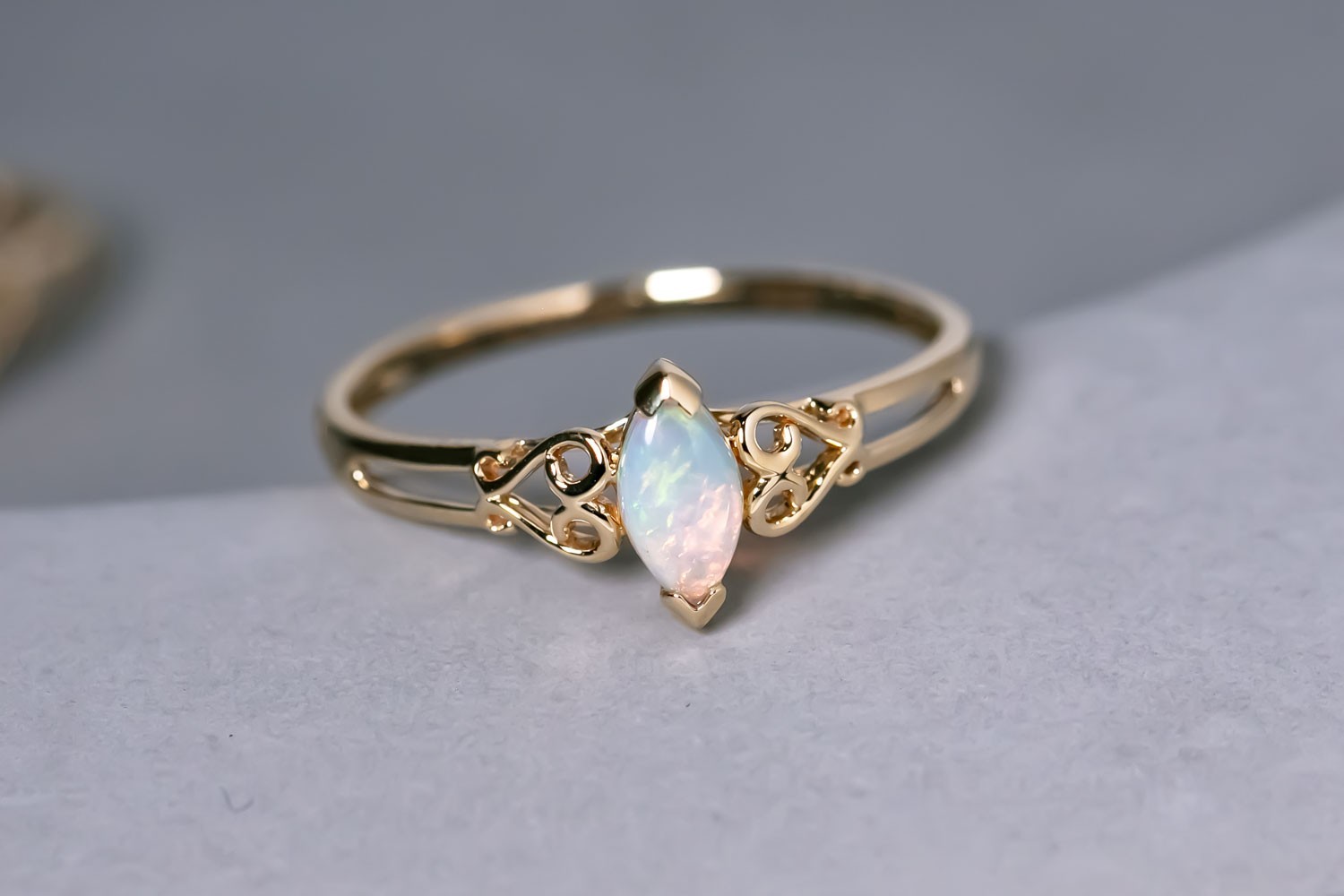 Vintage Inspired Australian Solid Opal Engagement Wedding Ring 14K Yellow Gold