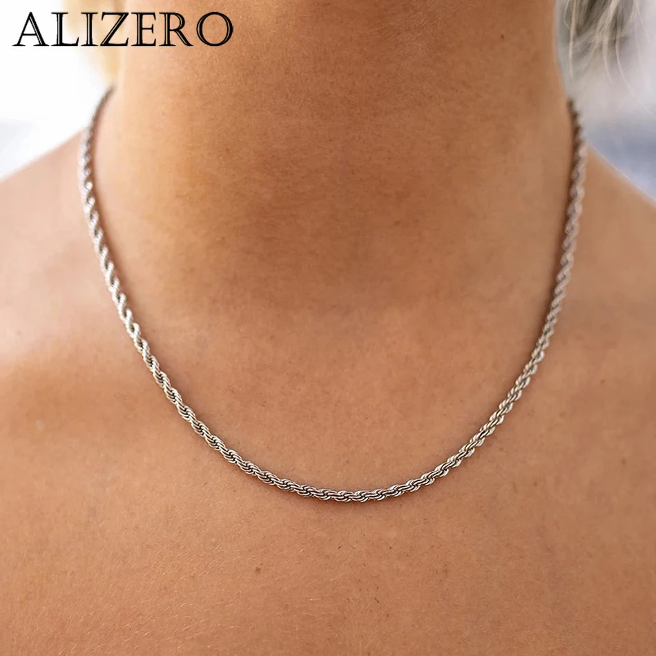 ALIZERO 925 Sterling Silver 4MM Rope Chain Necklaces For Women Men Fashion Hip H
