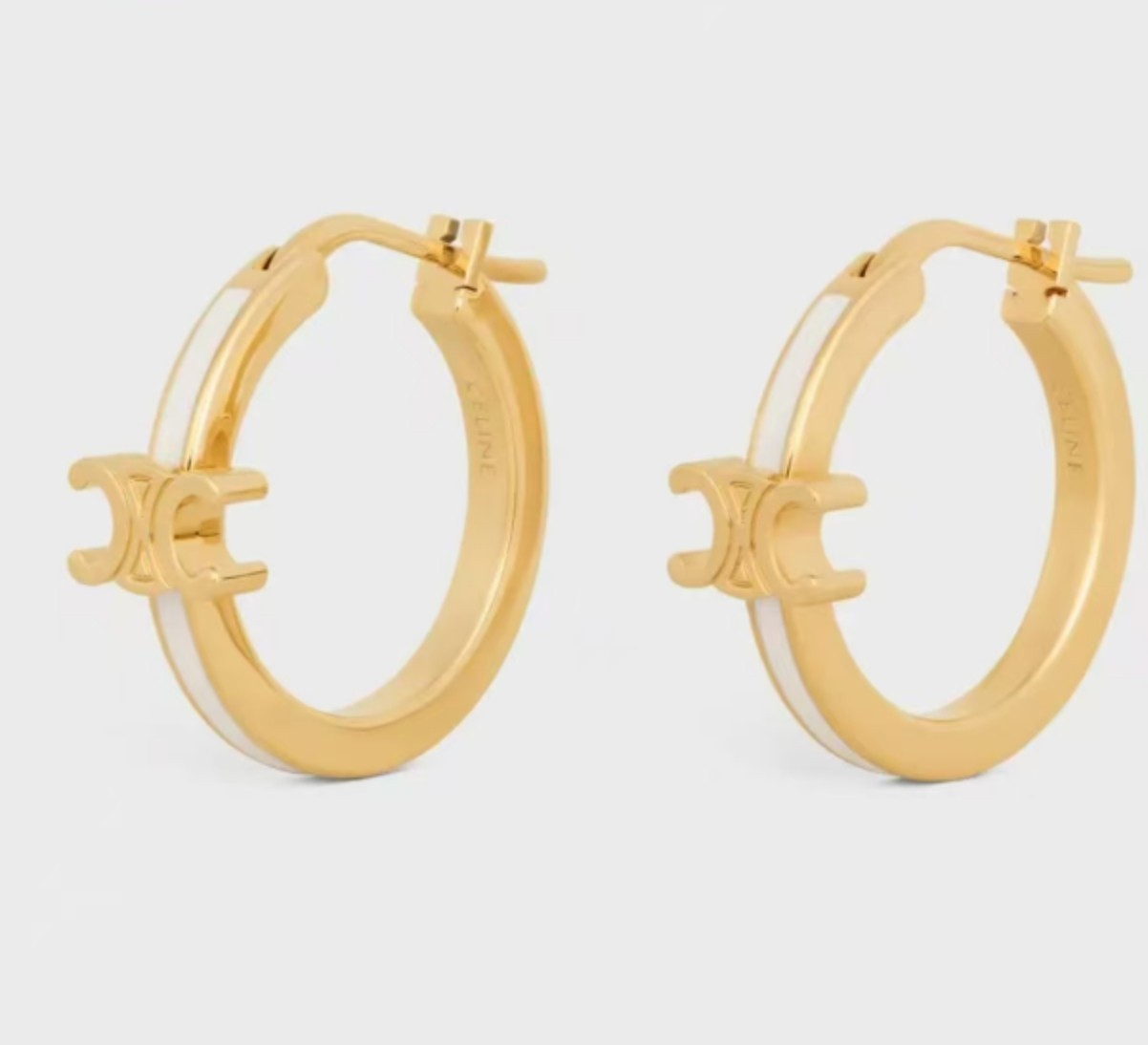 Celine Triomphe Hoop Earrings Gold Tone White Enamel Small Huggie Earrings Women