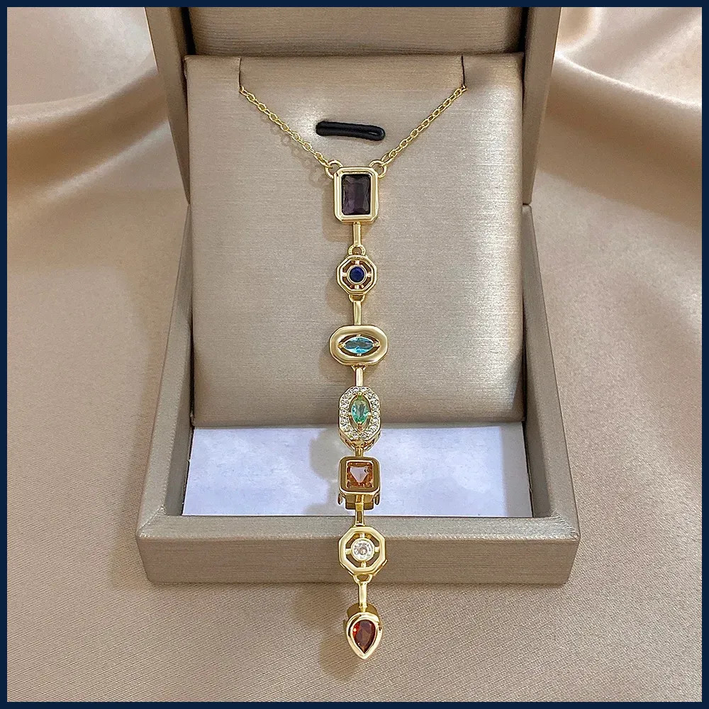 Vintage Geometric Colorful Zircon Long Pendant Necklace for Women Gold Plated