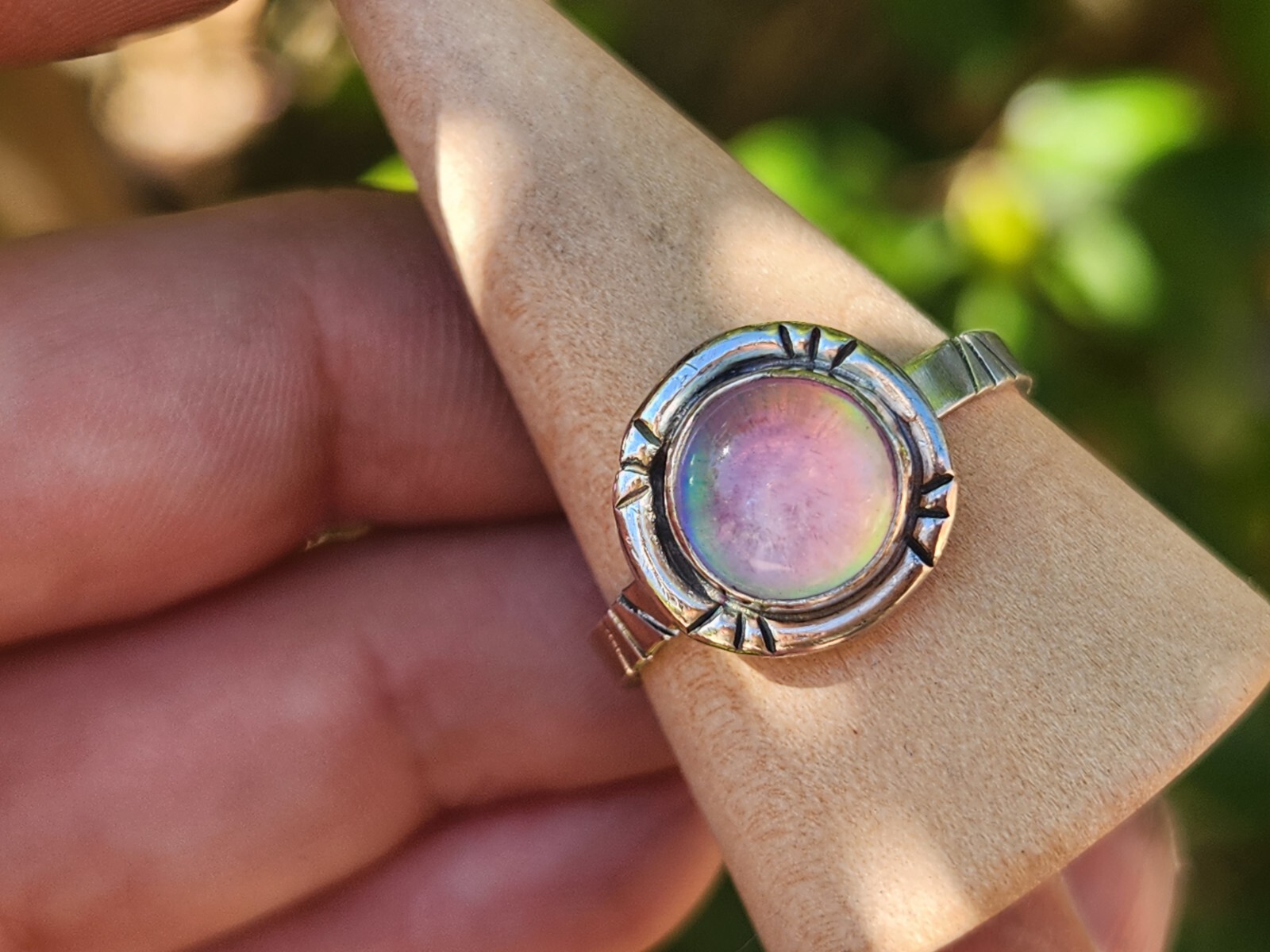 Aurora Opal Handmade Sterling Silver 925 Round Ring, Size 9 Pink Purple
