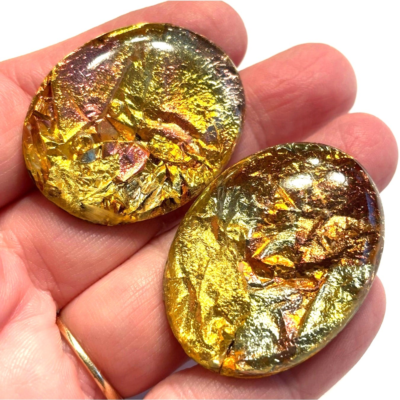 Foil backed Lucite scatter pins (2) oval shape brooches pair gold pink copper