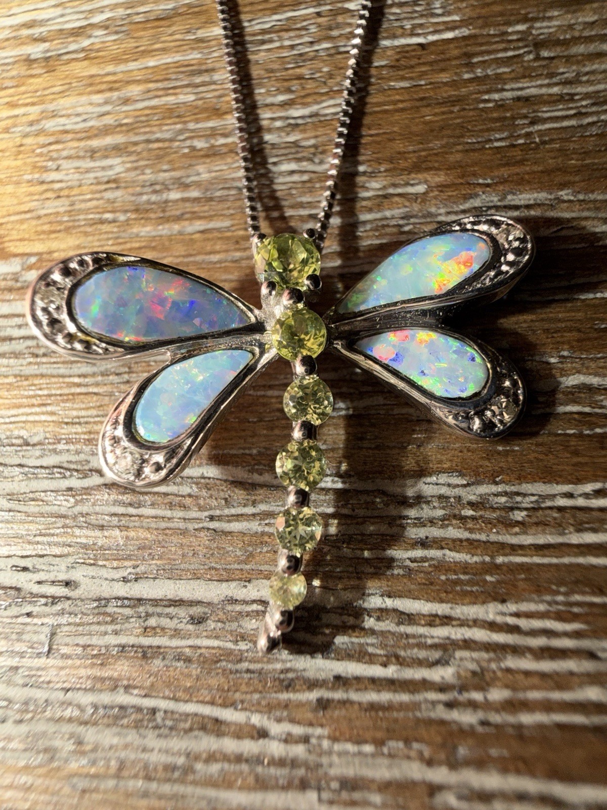 14 Kt White Gold Dragonfly Pendant Necklace Opal & Peridot Box Chain