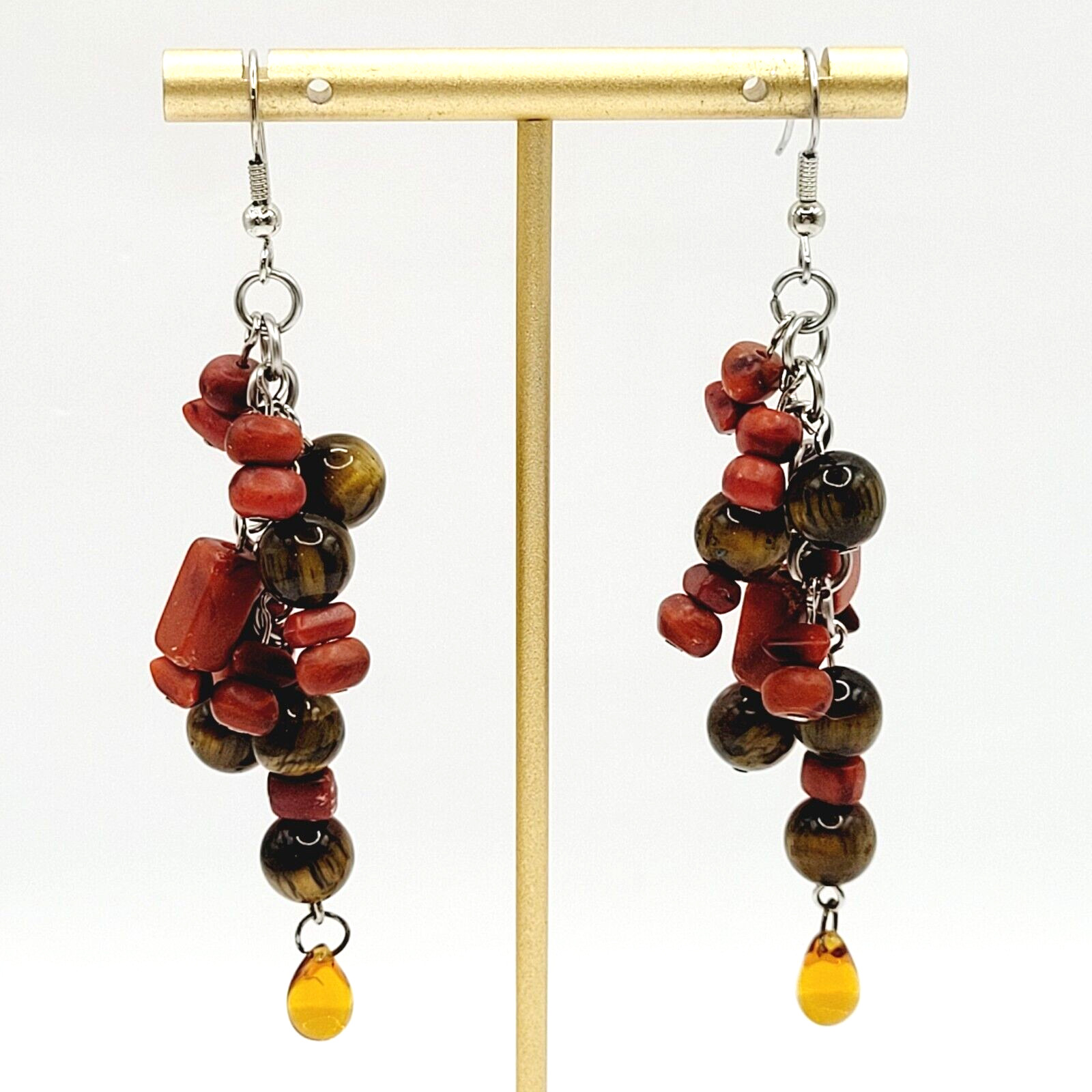 Modern Multi Shape Natural Stone Glass End Long Drop Dangle Hook Pierced Earring