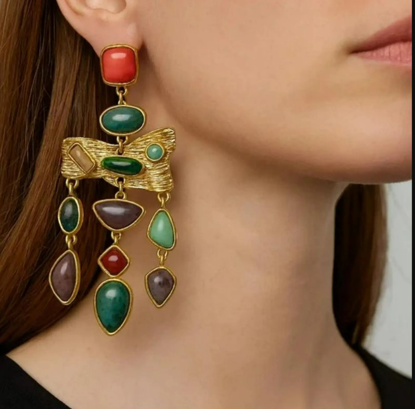 Vintage Boho Multicolor Gold Statement Stone Earrings Birthday gift Vacation
