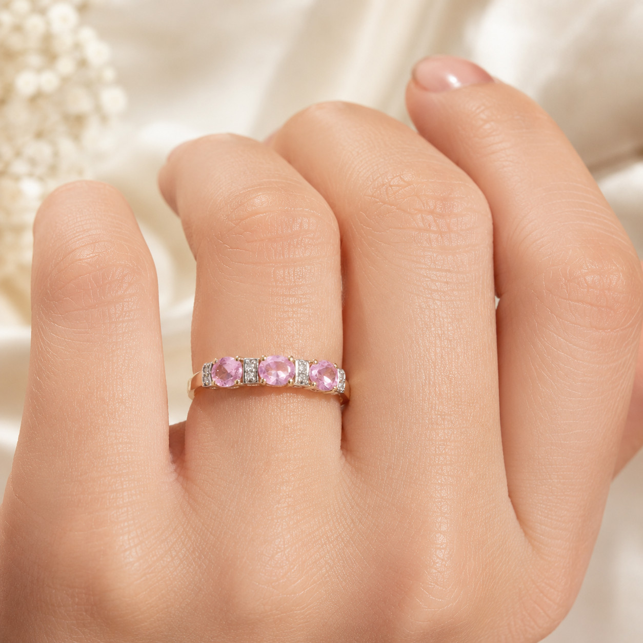 9Carat Yellow Gold Pink Topaz & White Topaz Eternity Ring (Size R 1/2) 4mm Wide