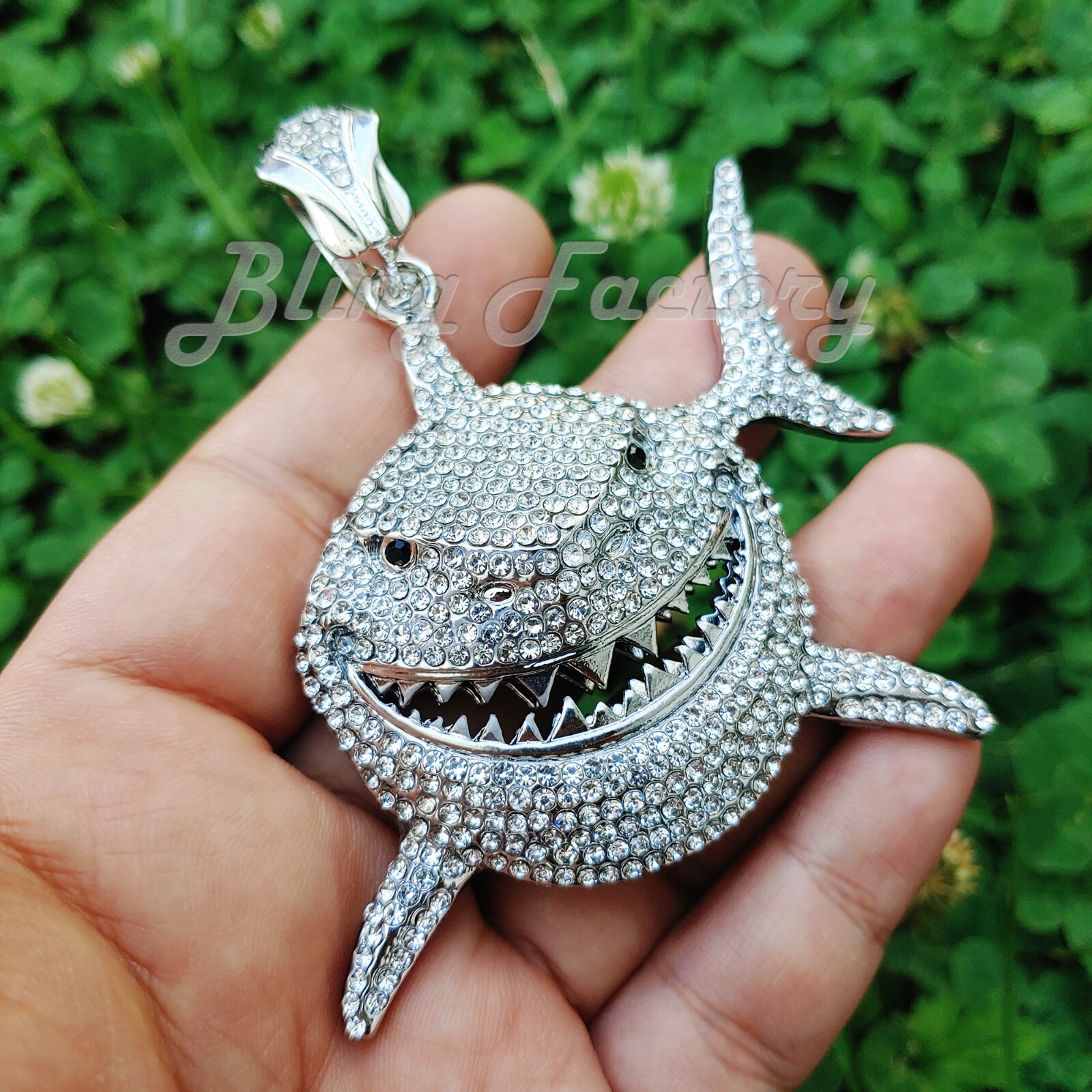 Silver Plated Alloy Large Shark & 16″ ~ 24″ Cubic Zirconia Cuban Chain Necklace