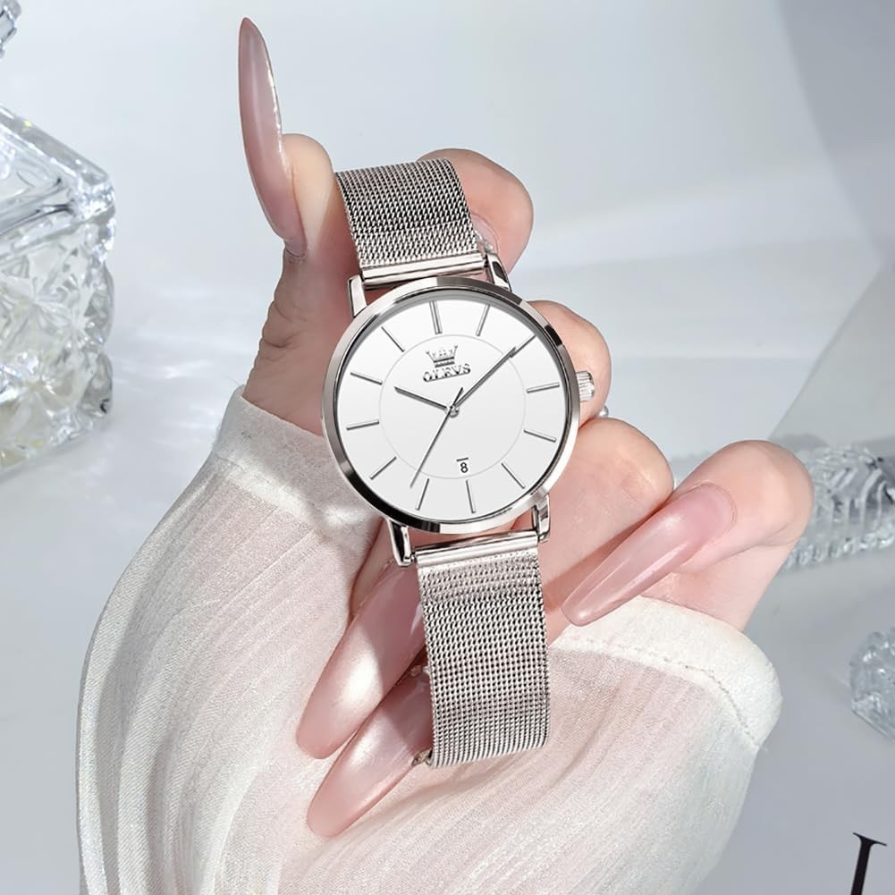 Ultra-Thin Silver Ladies Watch – Stylish Waterproof Mesh Strap with Date Display