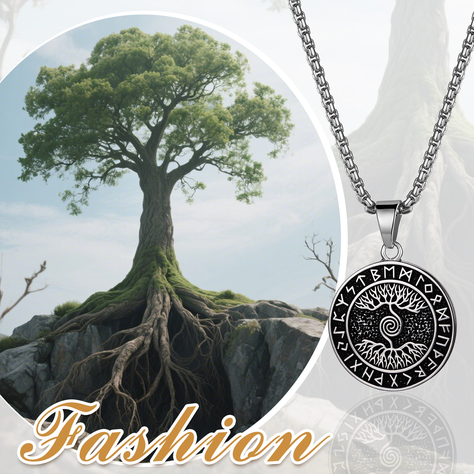 Mens Viking Necklace Tree of Life Pendant Classic Stainless Steel Necklace Chain