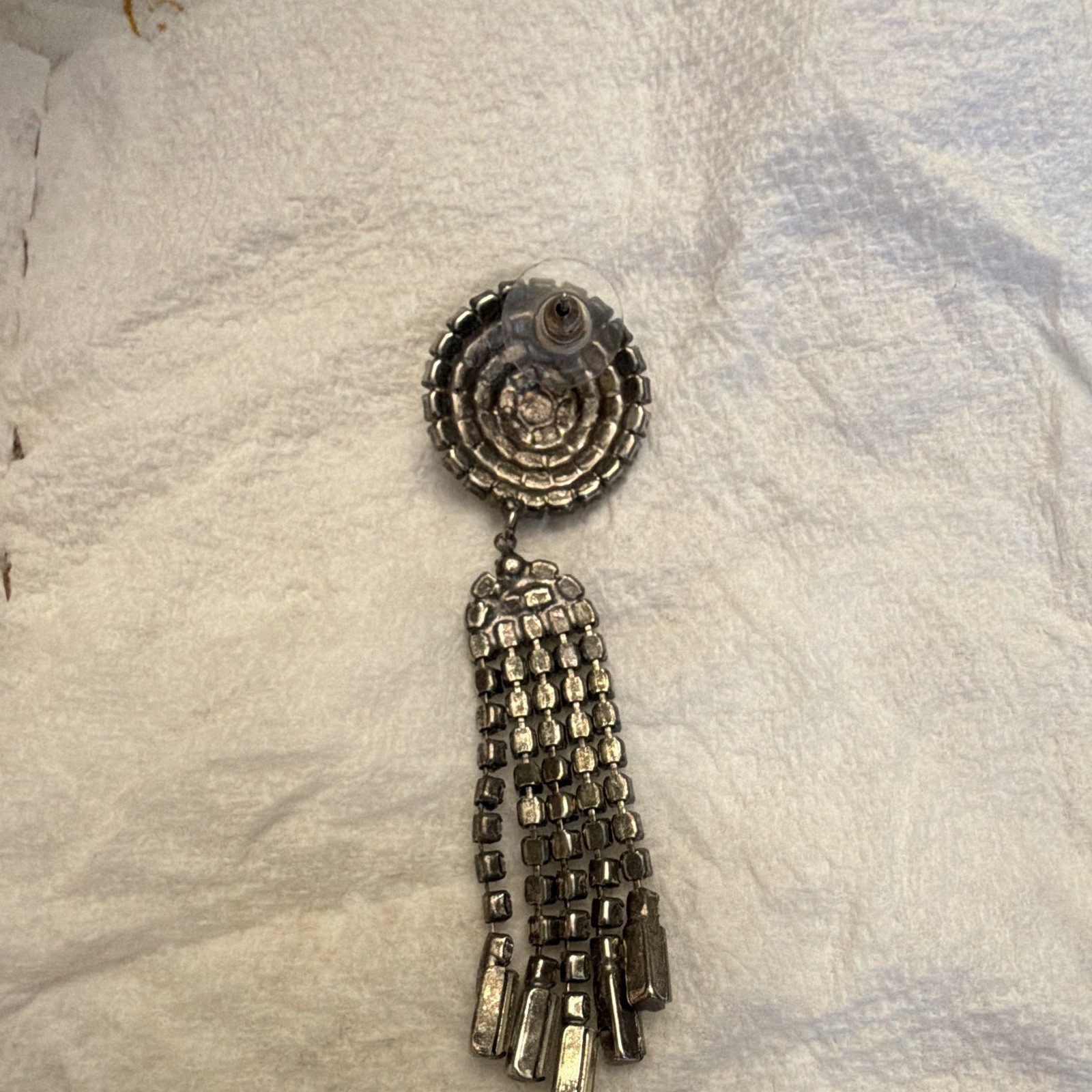 Silver Tone White Pavé Rhinestone Tassel Dangle Earrings Post Back 3 in