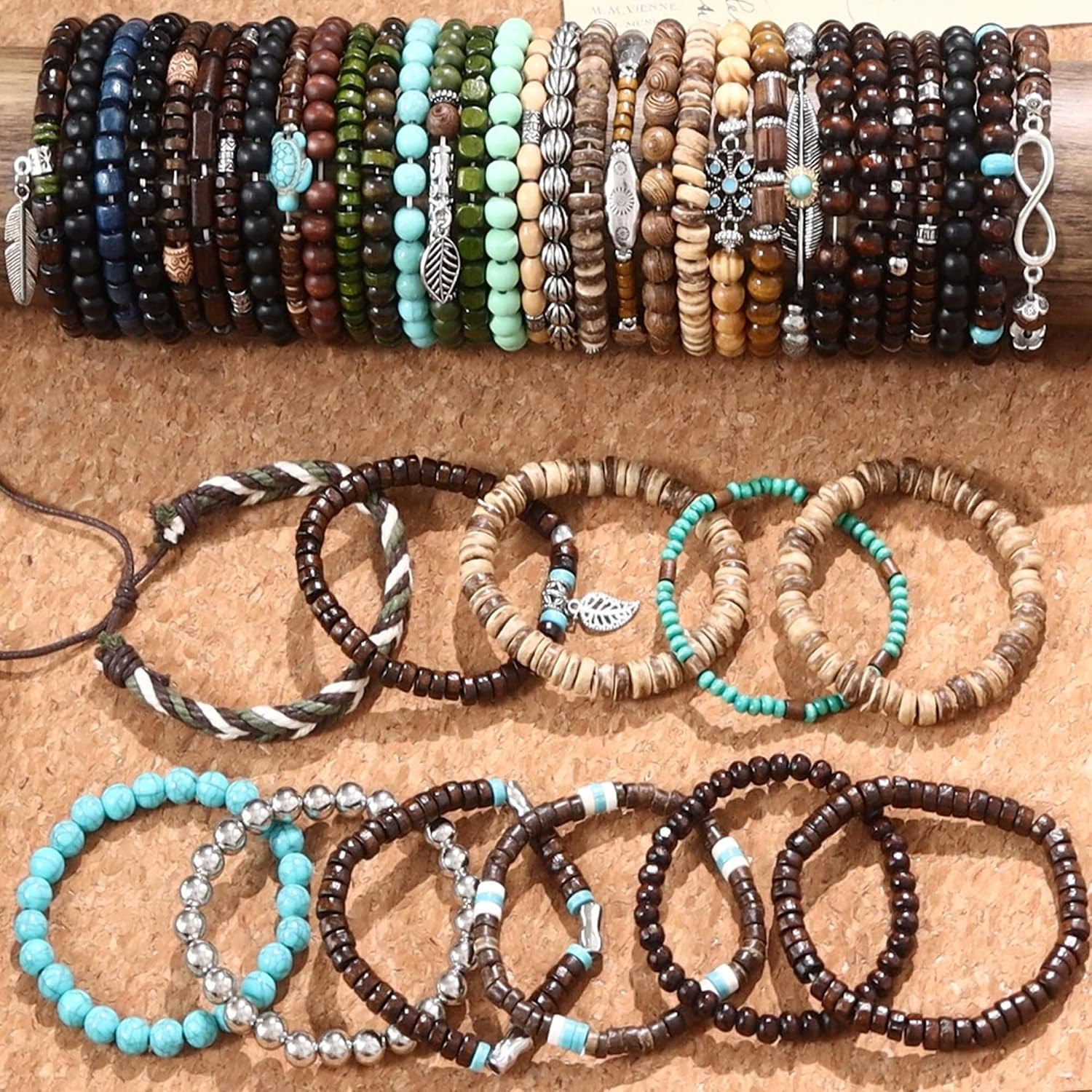 43Pcs Wooden Beaded Bracelets for Men | Bulk Bracelets, Punk Vintage Adjustable
