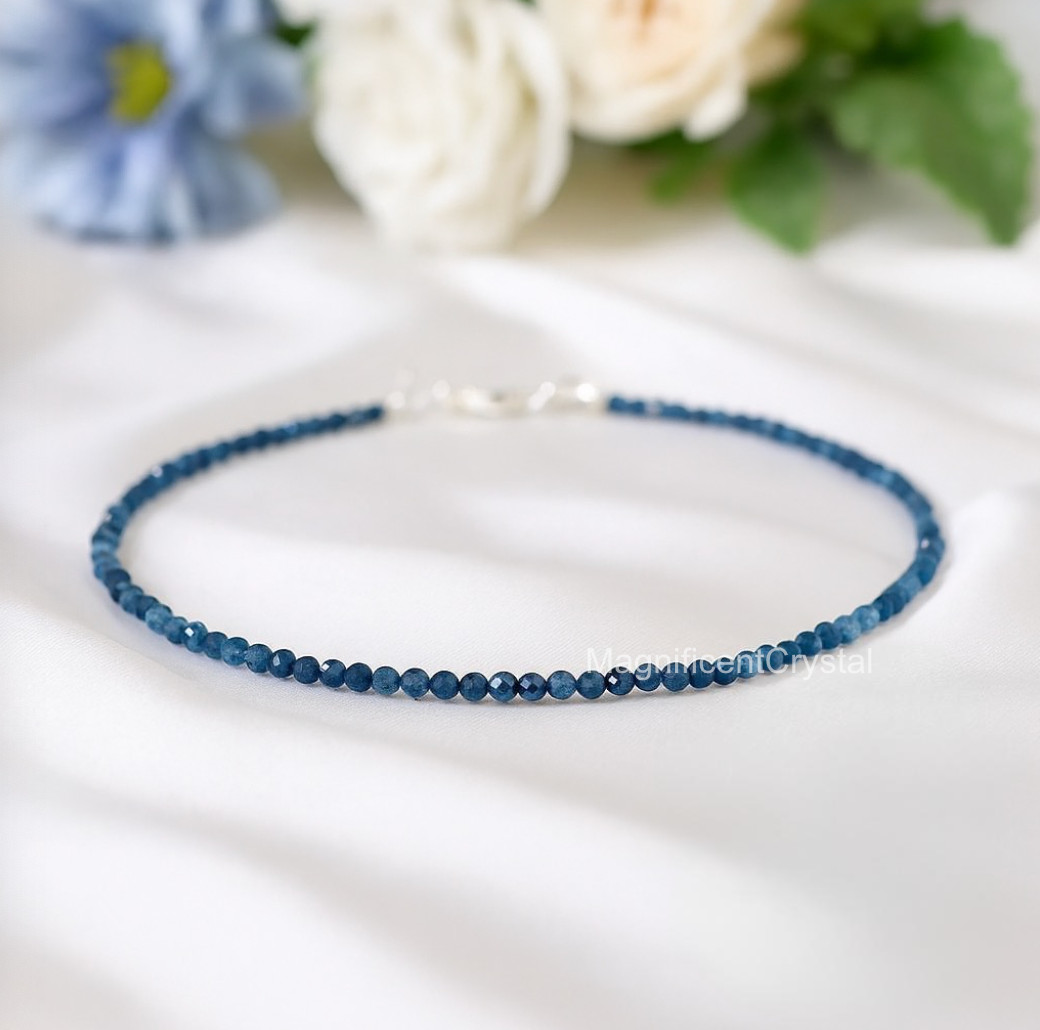 Dainty Sapphire Anklet 3mm Blue Sapphire Faceted Beaded Bracelet Boho Jewelry