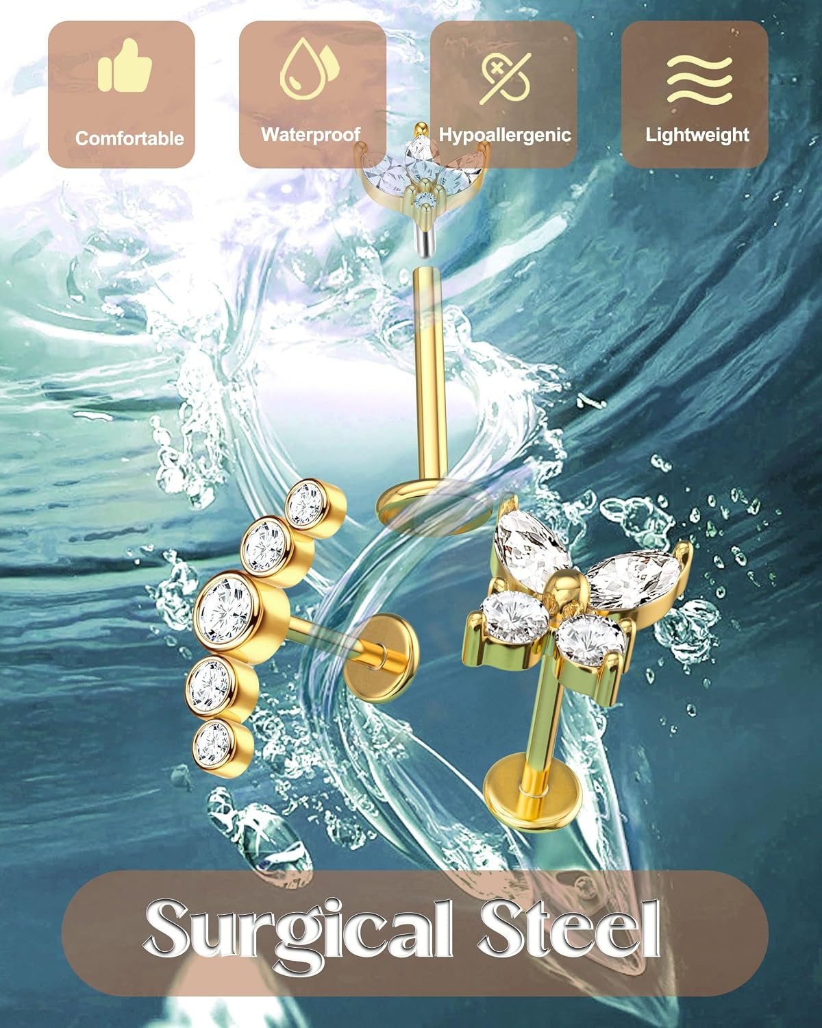 14K Gold Plated Threadless Flat Back Earrings for Women Men | 316L Surgical Stee