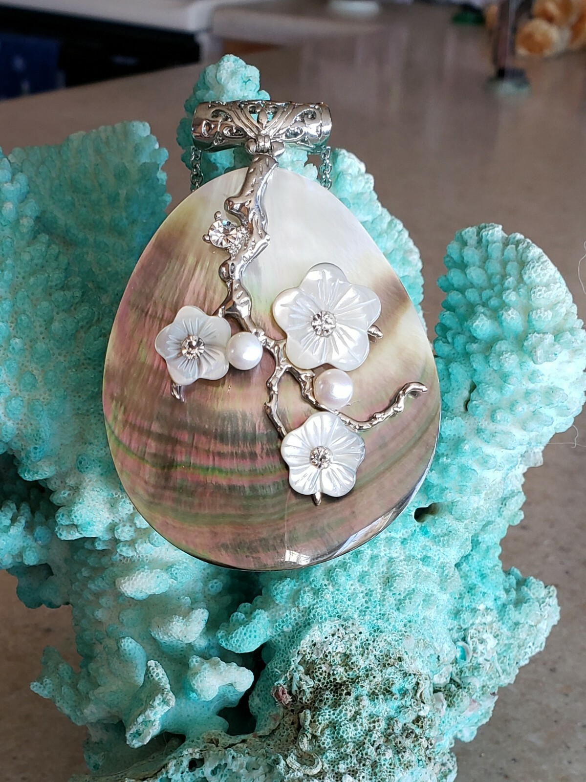 Abalone Shell Necklace Stunning, Faux Diamonds Flowers Pearls Coastal Jewelry
