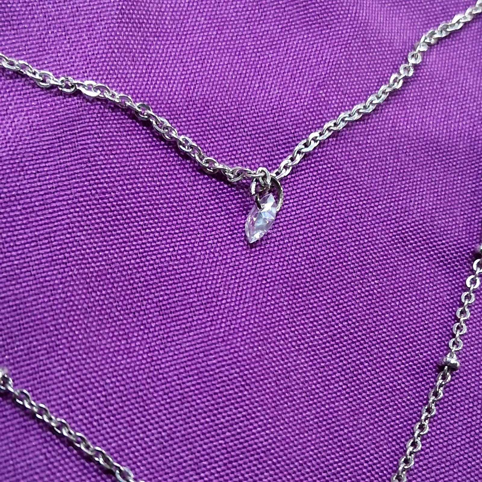 Vintage Polished Stainless Steel Bar & Marquis Glass Rhinestone Charm Necklace