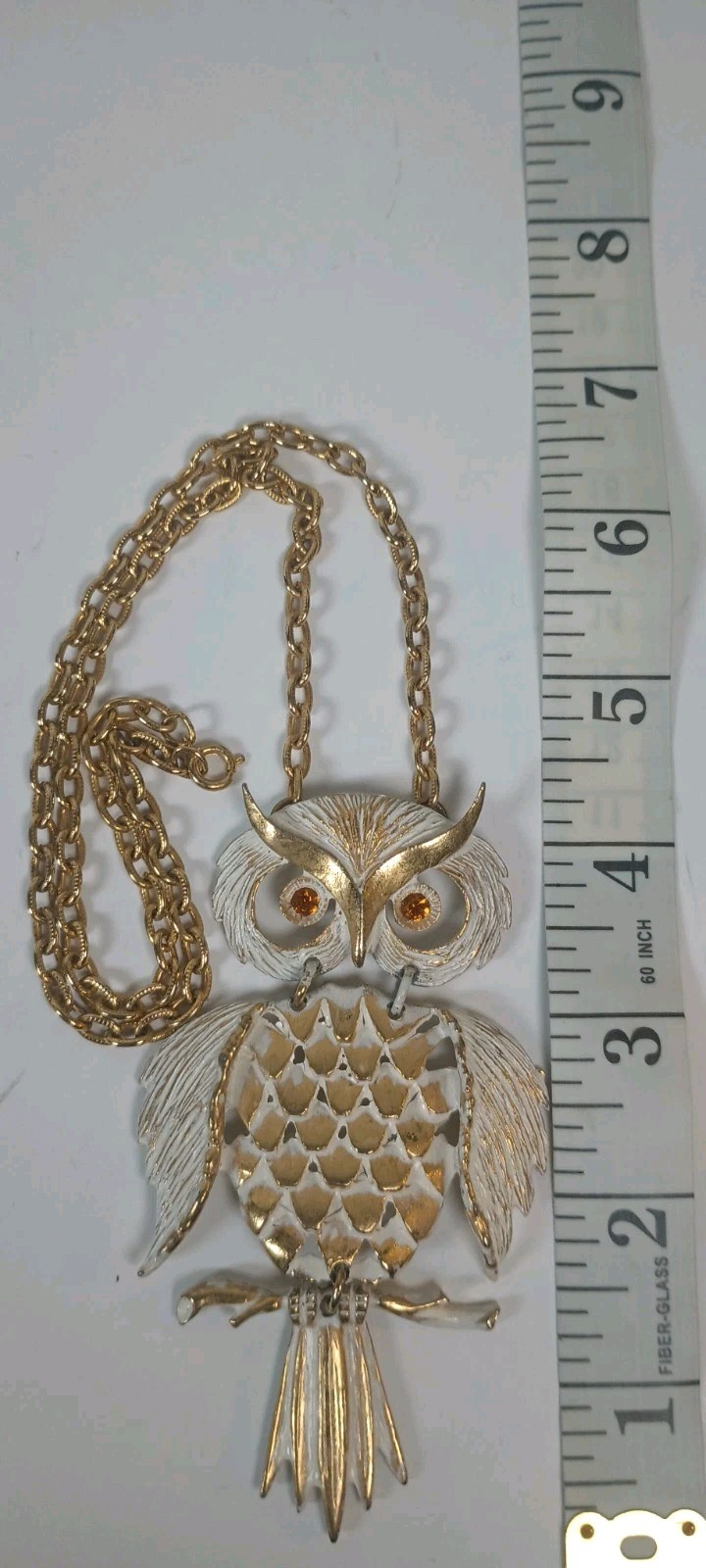 Vintage Articulated Gold Tone Owl Pendant Necklace White Enamel Orange Eyes