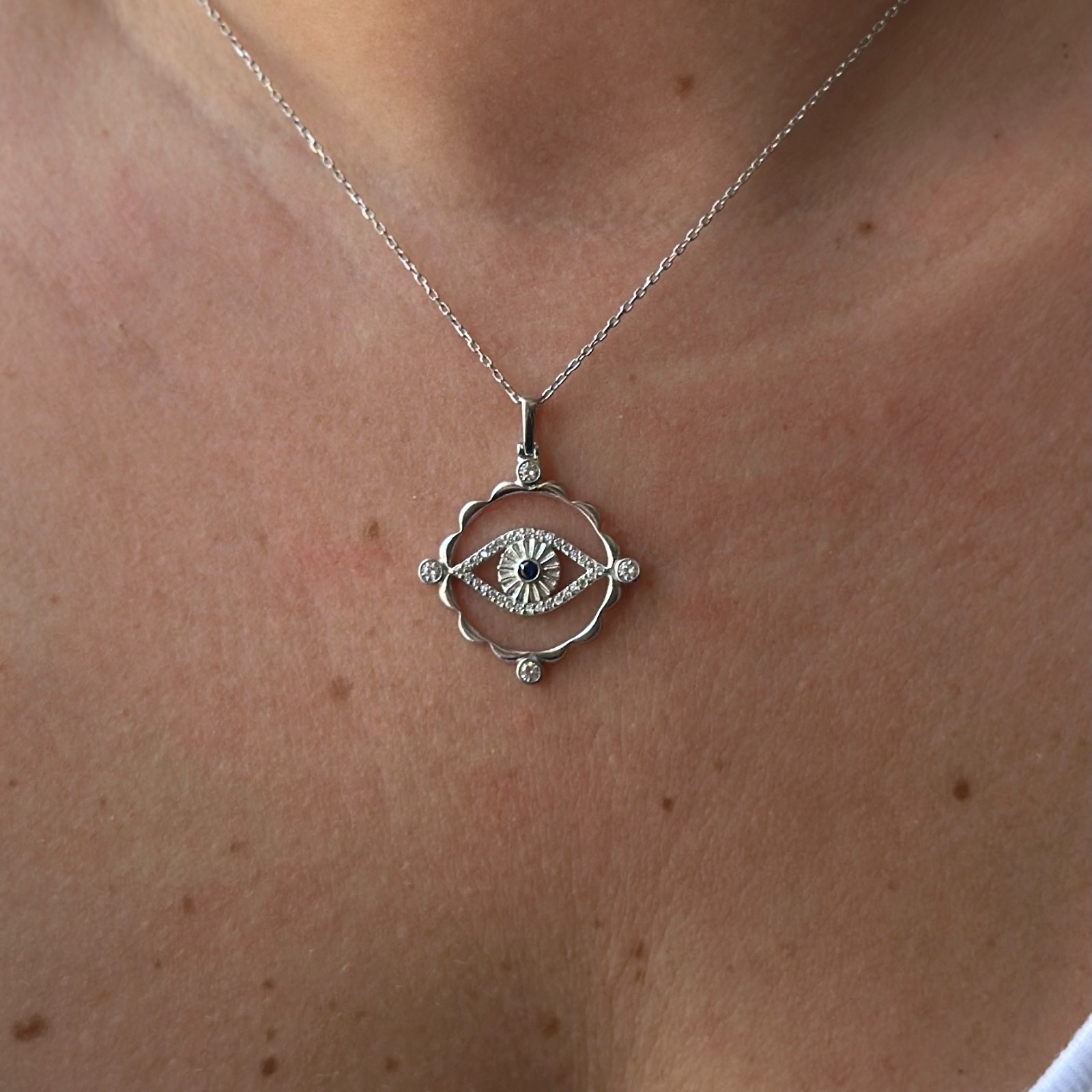 14k Gold Evil Eye Pendant Necklace Lab-Created Sapphire Diamond Protective Charm