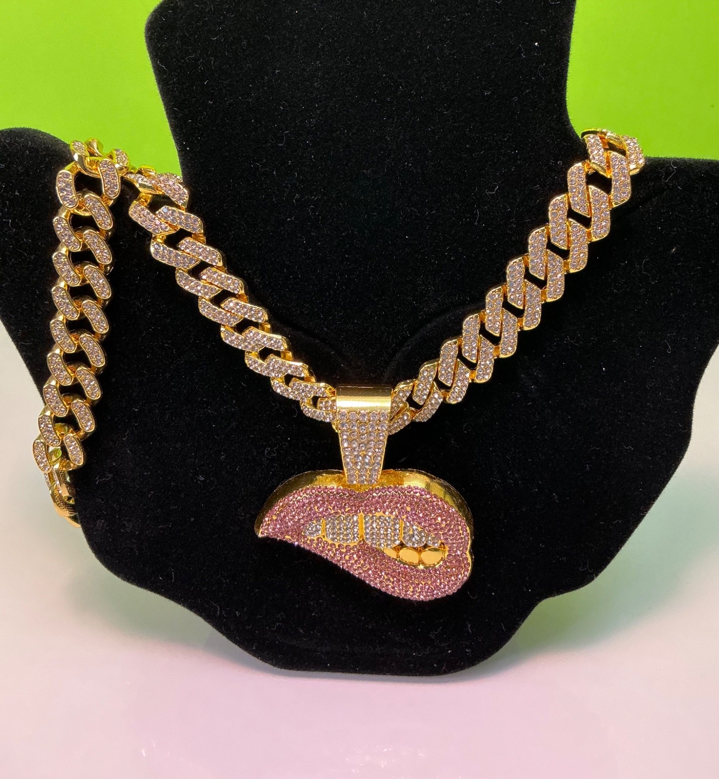 Biting Lip Pendant Necklace Bracelet Lot Hip Hop Iced 20” Inches CZ Chain Cuban