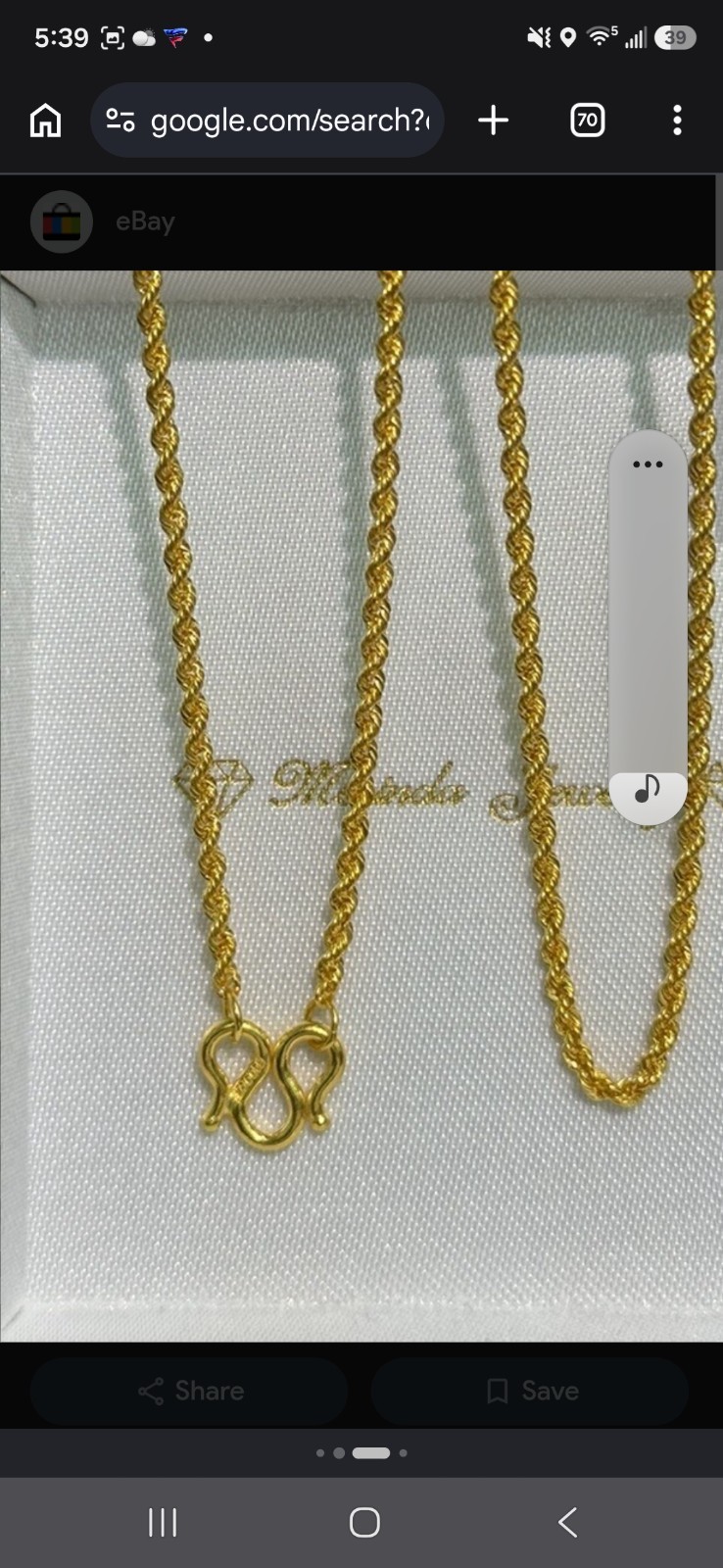 Gold Tone Rope Chain Necklace with Double Heart Charm Pendant, 24 Ct